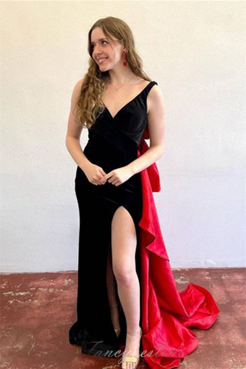 red velvet mermaid prom dresses V-Neck Velvet Mermaid Slit Prom Dress with Bow Train – FancyVestido
