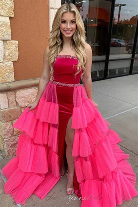 Hot Pink Strapless Beaded Slit Prom Dress with Layered Train FancyVestido Hot Pink Strapless Beaded Slit Prom Dress with Layered Train FancyVestido