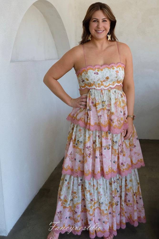 Straps Floral Print Ruffle Long Summer Dress with Lace-up Back FancyVestido Straps Floral Print Ruffle Long Summer Dress with Lace-up Back FancyVestido