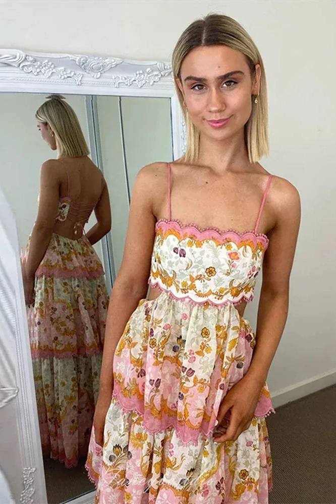 Straps Floral Print Ruffle Long Summer Dress with Lace-up