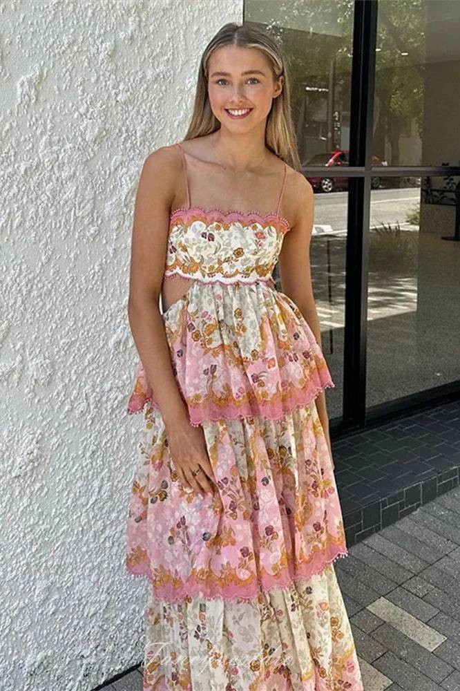 Straps Floral Print Ruffle Long Summer Dress with Lace-up Back FancyVestido Straps Floral Print Ruffle Long Summer Dress with Lace-up Back FancyVestido