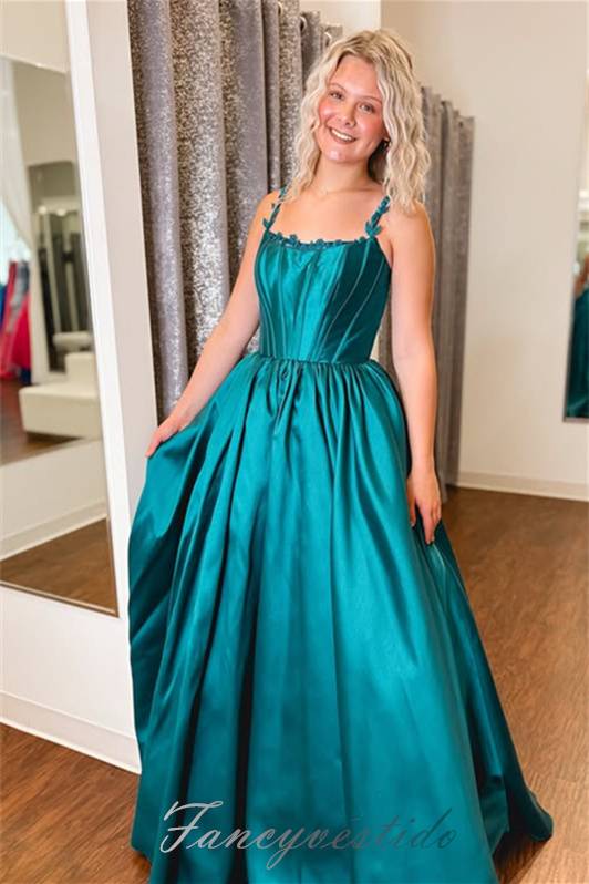 Teal Applique Straps Corset A-Line Satin Prom Dress FancyVestido Teal Applique Straps Corset A-Line Satin Prom Dress FancyVestido