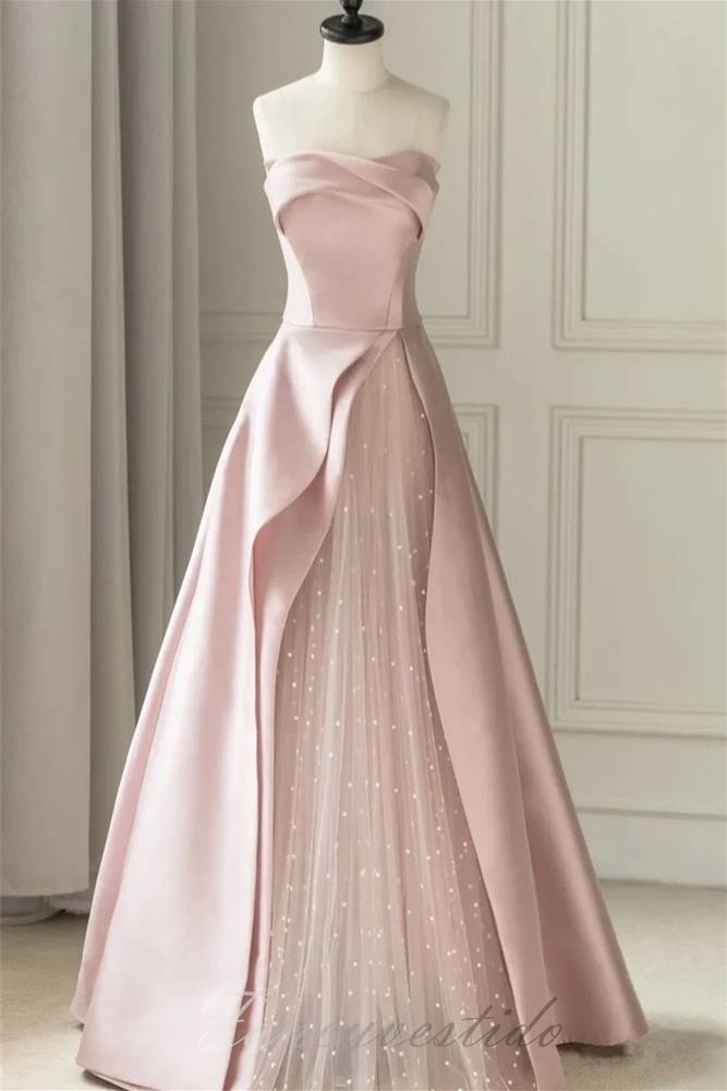 Elegant Strapless Pink Pleated Satin Prom Dress FancyVestido Elegant Strapless Pink Pleated Satin Prom Dress FancyVestido