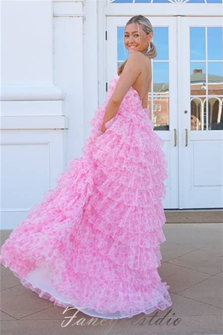 Halter Pink Floral Print Layered A-Line Ruffle Prom Dress FancyVestido Halter Pink Floral Print Layered A-Line Ruffle Prom Dress FancyVestido