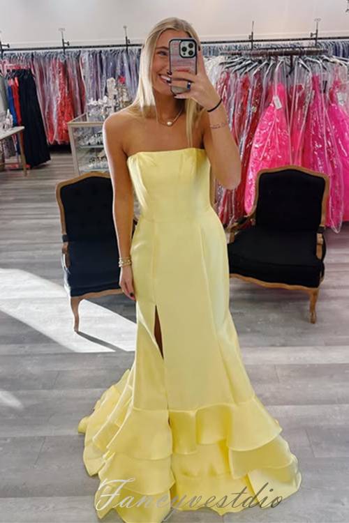 Strapless Yellow Ruffle Mermaid Prom Dress with Slit – FancyVestido