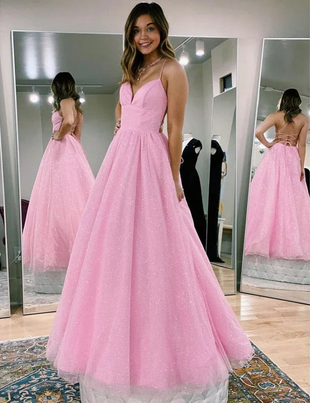 Glitter Pink Straps A-Line Tulle Prom Dress with Lace-up Back FancyVestido Glitter Pink Straps A-Line Tulle Prom Dress with Lace-up Back FancyVestido