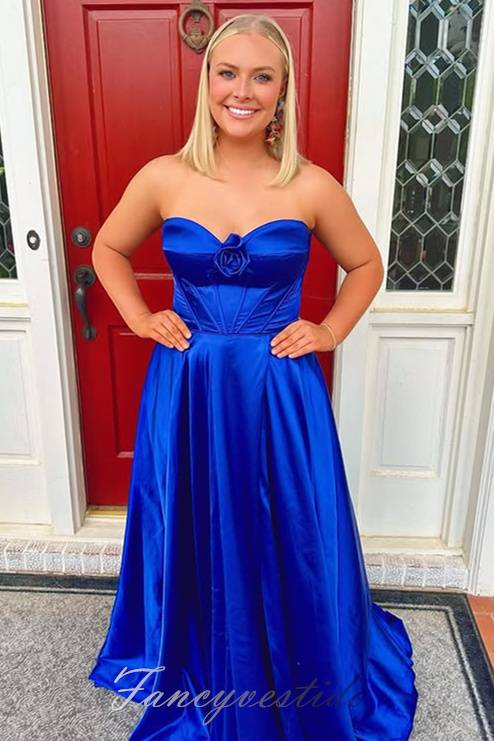 Royal Blue Sweetheart Satin A-Line Prom Dress with Floral  FancyVestido