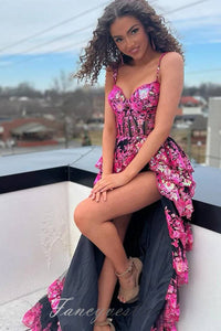 Off the Shoulder Lace Applique Ruffle Prom Dress with Slit