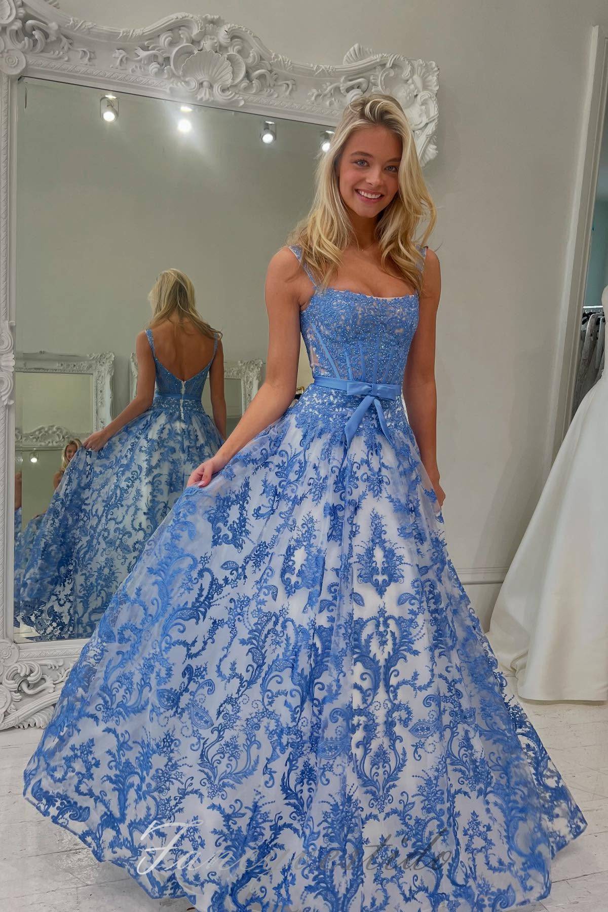 Square Neck Blue Lace Applique A-Line Prom Dress FancyVestido Square Neck Blue Lace Applique A-Line Prom Dress FancyVestido