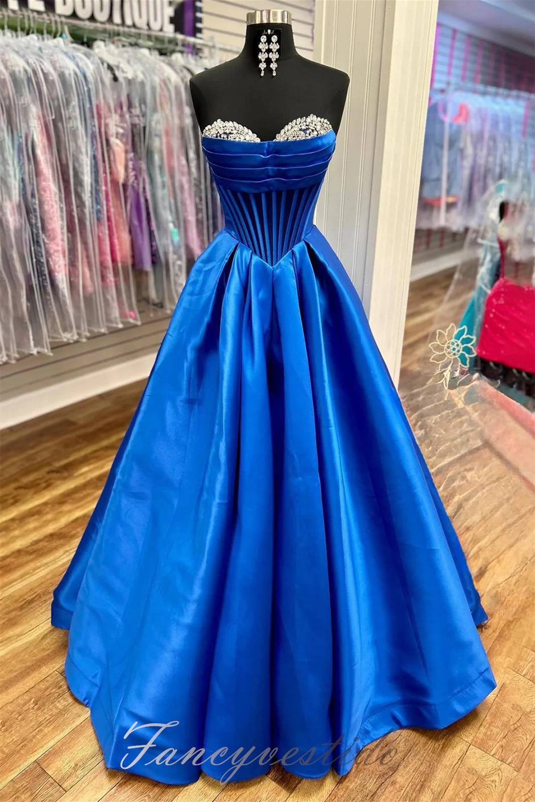 Elegant Strapless Blue Beaded Corset A-Line Prom Dress FancyVestido Elegant Strapless Blue Beaded Corset A-Line Prom Dress FancyVestido