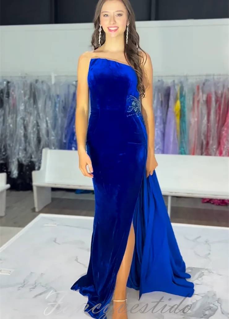 fitted lace wedding dress Rhinestones Pool Blue Spandex Knit Mermaid Long Train Prom Dress main image 0