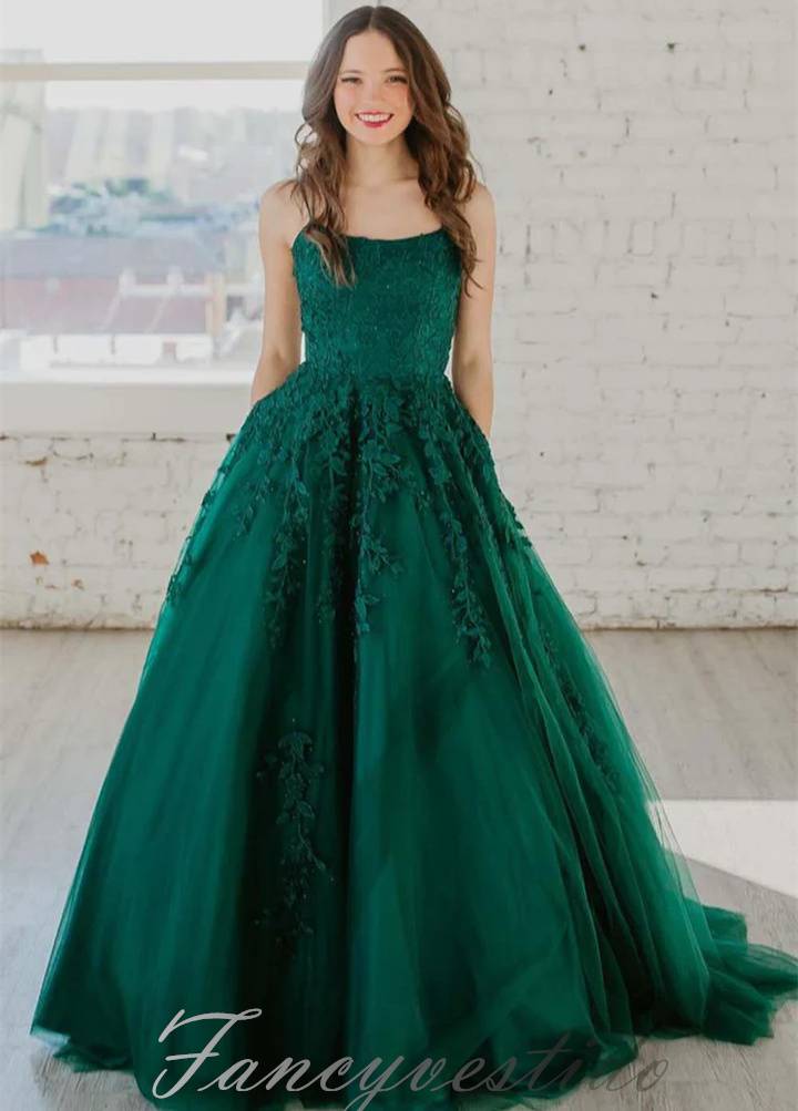 Emerald Green Crew Neck Applique A-Line Prom Dress FancyVestido Emerald Green Crew Neck Applique A-Line Prom Dress FancyVestido
