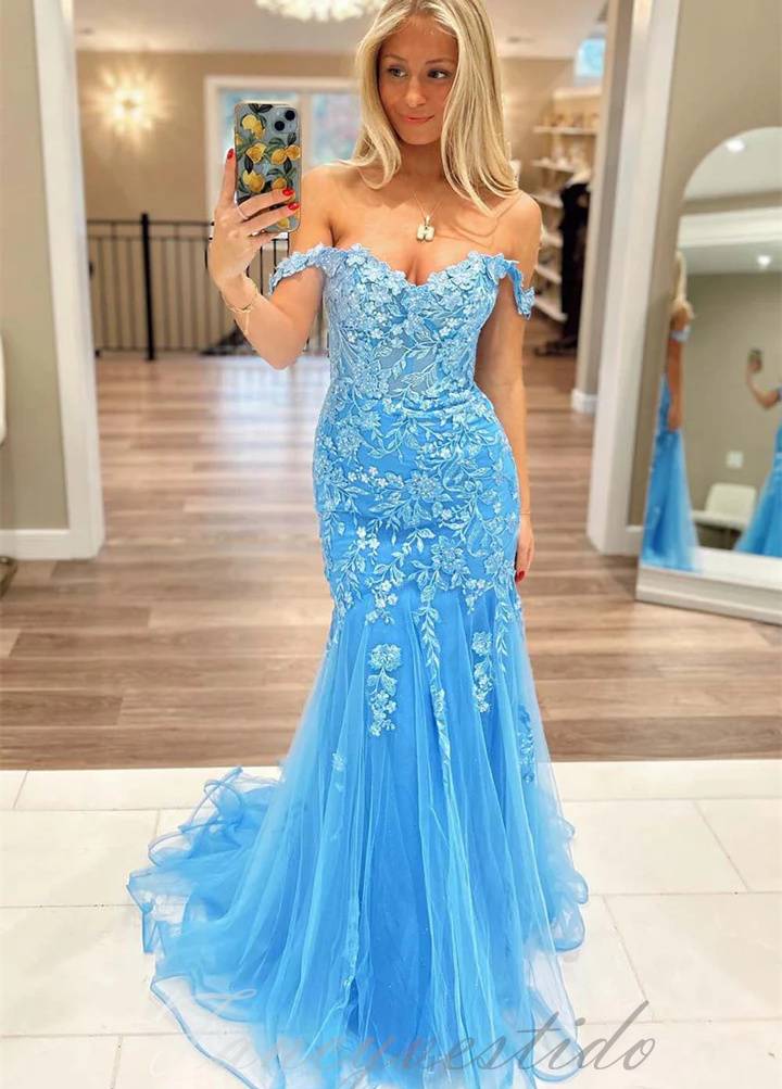Blue Applique Mermaid Tulle Prom Dress with Off-Shoulder – FancyVestido