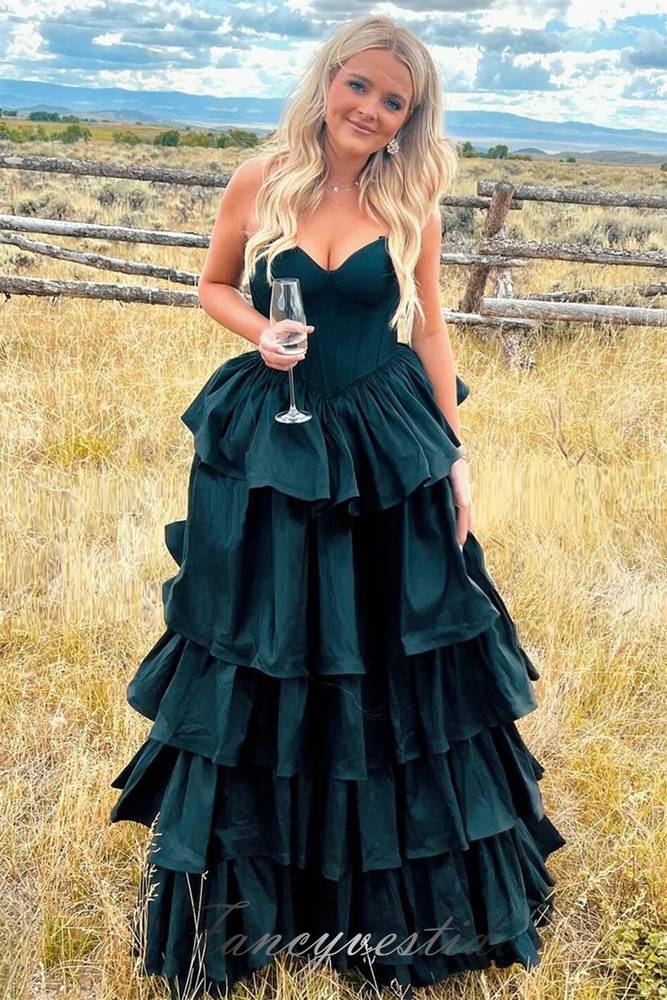 Sweetheart Corset Satin A-Line Tiered Prom Dress FancyVestido Sweetheart Corset Satin A-Line Tiered Prom Dress FancyVestido