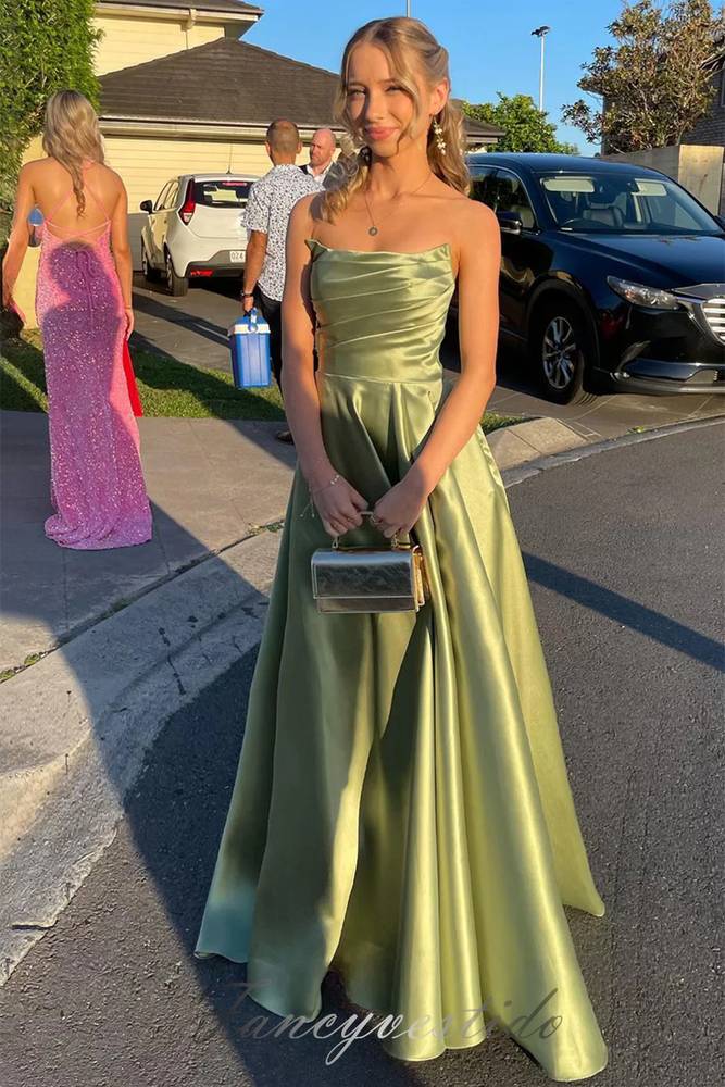 Sage Green Strapless Pleated Satin A-Line Prom Dress FancyVestido Sage Green Strapless Pleated Satin A-Line Prom Dress FancyVestido
