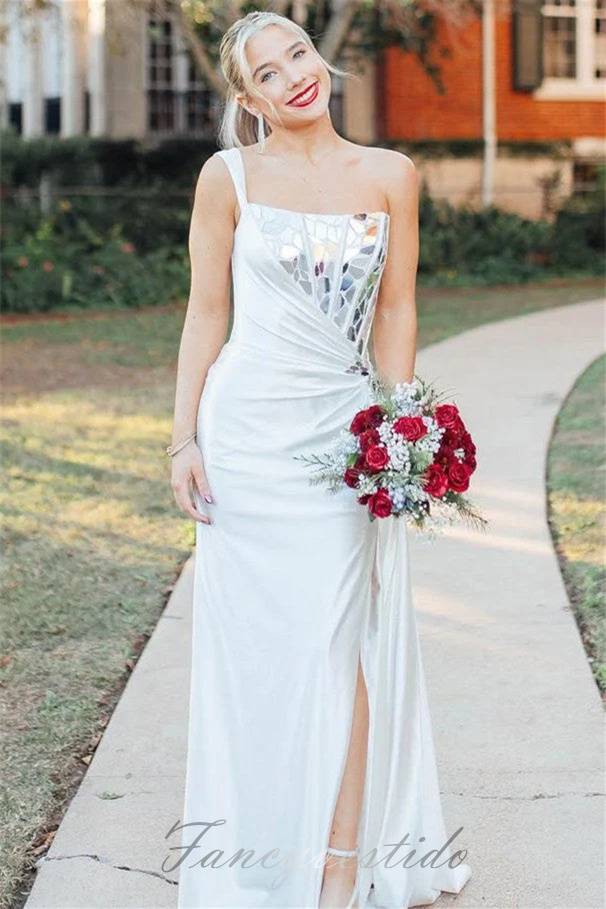 white sparkly mermaid prom dress One Shoulder Mirror-Sequin Pleated Mermaid Prom Dress – FancyVestido
