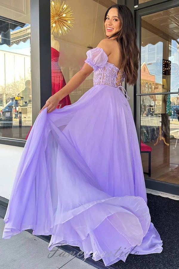 Sweetheart Lilac Applique Slit Prom Dress with Detachable Sleeves