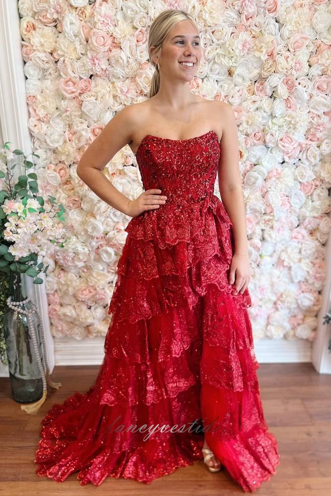 Strapless Sequin Applique Ruffle Prom Dress with Slit FancyVestido Strapless Sequin Applique Ruffle Prom Dress with Slit FancyVestido