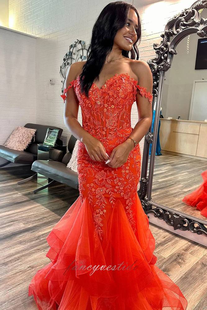 Off Shoulder Orange Applique Layered Long Mermaid Prom Dress FancyVestido Off Shoulder Orange Applique Layered Long Mermaid Prom Dress FancyVestido