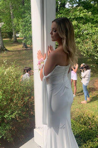Elegant Pleated Sheath Slit Prom Dress with Bow Off Shoulder 
