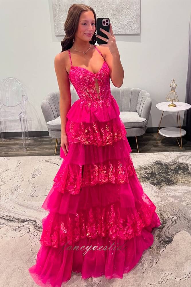 V-Neck Hot Pink Corset Applique Sequin Ruffle Prom Dress FancyVestido V-Neck Hot Pink Corset Applique Sequin Ruffle Prom Dress FancyVestido