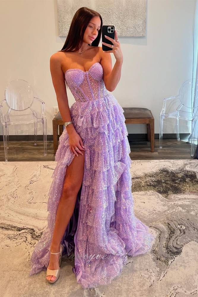 lavender corset dress Glitter Lavender Corset Layered Tulle Prom Dress with Slit – FancyVestido
