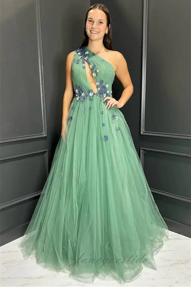 One Shoulder 3D Floral Tulle Prom Dress with Open Back – FancyVestido