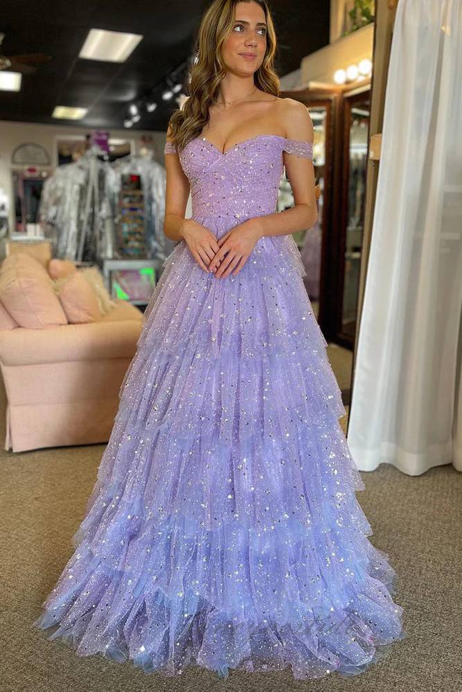 off the shoulder lavender prom dress Glitter Lavender Corset Ruffle A-Line Prom Dress with Off Shoulder –  FancyVestido