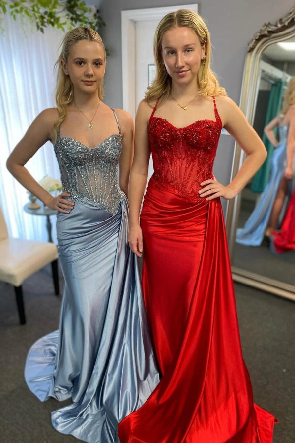 Royal Blue Straps Applique Mermaid Prom Dress with Train
