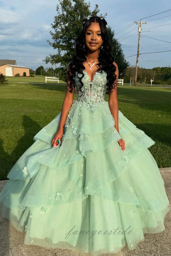 Sage Green Sweetheart Applique Tiered Tulle Prom Dress FancyVestido Sage Green Sweetheart Applique Tiered Tulle Prom Dress FancyVestido