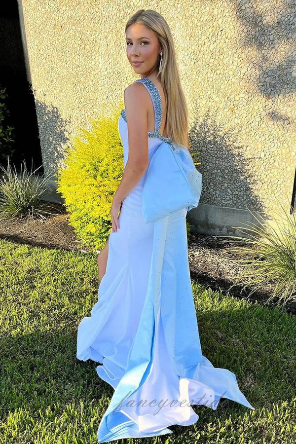 Square Neck Beaded Slit Mermaid Prom Dress with Bow Back