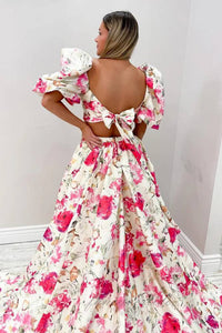 Floral Print A-Line Satin Slit Prom Dress with Puff Sleeves