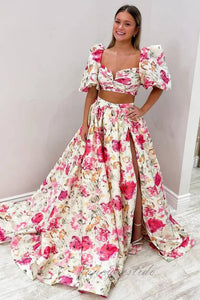 Floral Print A-Line Satin Slit Prom Dress with Puff Sleeves