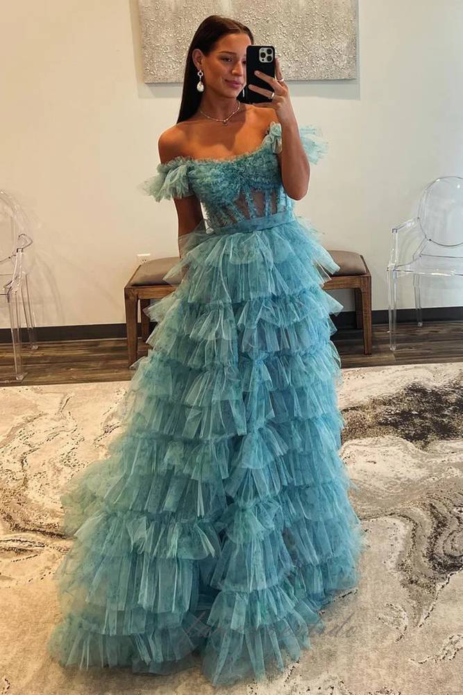 Blue Floral Print A-Line Slit Tiered Prom Dress with Off Shoulder FancyVestido Blue Floral Print A-Line Slit Tiered Prom Dress with Off Shoulder FancyVestido