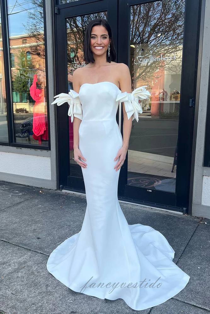 White Sheath Satin Mermaid Prom Dress with Bow Off Shoulder FancyVestido White Sheath Satin Mermaid Prom Dress with Bow Off Shoulder FancyVestido