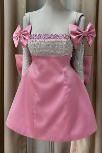 Strapless Rhinestones A-Line Prom Dress with Detachable Bow Sleeves
