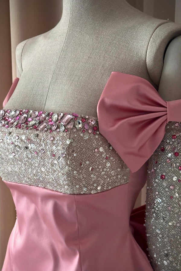 Strapless Rhinestones A-Line Prom Dress with Detachable Bow Sleeves