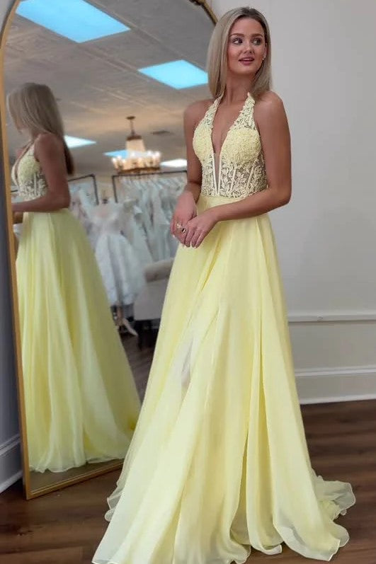 Halter Applique Ruffle Chiffon A-Line Prom Dress