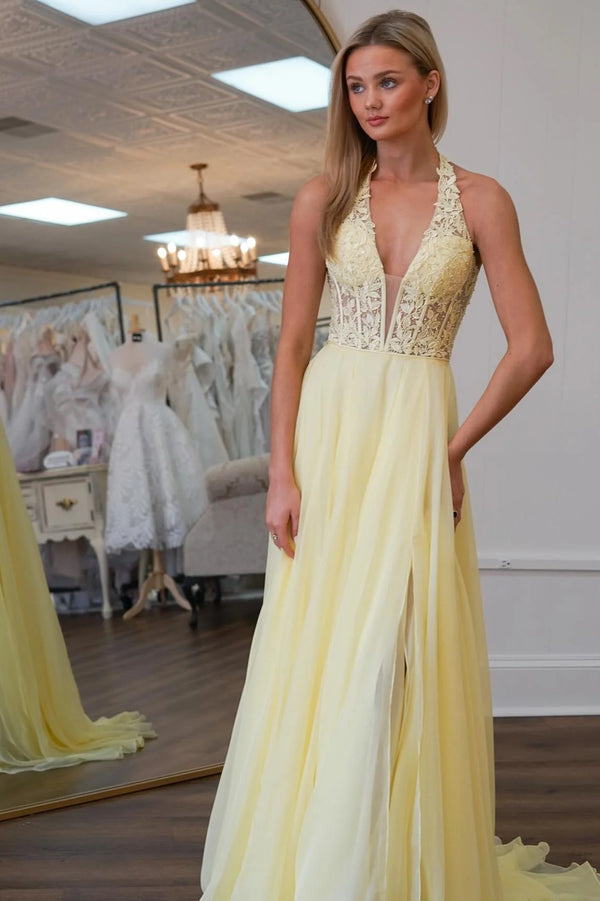 Halter Applique Ruffle Chiffon A-Line Prom Dress