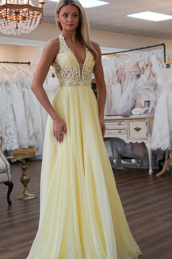 Halter Applique Ruffle Chiffon A-Line Prom Dress