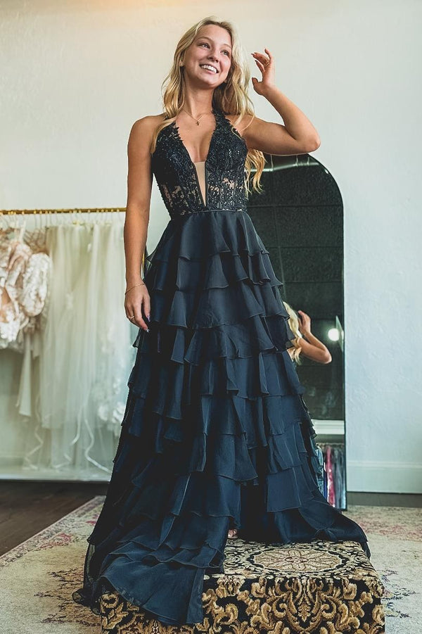 Halter Applique Ruffle Chiffon A-Line Prom Dress