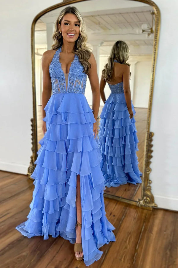 Halter Applique Ruffle Chiffon A-Line Prom Dress