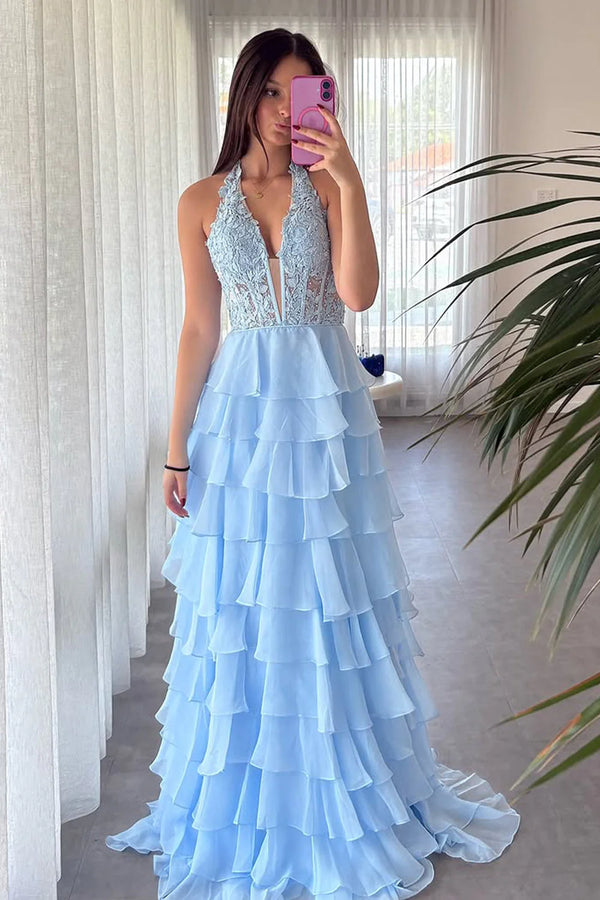 Halter Applique Ruffle Chiffon A-Line Prom Dress