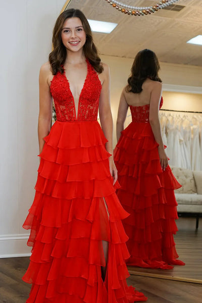 Halter Applique Ruffle Chiffon A-Line Prom Dress
