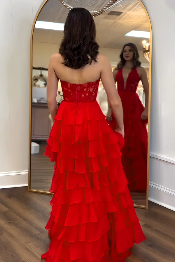 Halter Applique Ruffle Chiffon A-Line Prom Dress