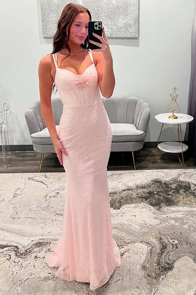 Double Straps Pink Sequin Mermaid Prom Dress with Folral FancyVestido Double Straps Pink Sequin Mermaid Prom Dress with Folral FancyVestido