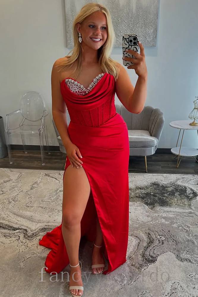 Sweetheart Red Sequin Beaded Mermaid Prom Dress with Slit FancyVestido Sweetheart Red Sequin Beaded Mermaid Prom Dress with Slit FancyVestido