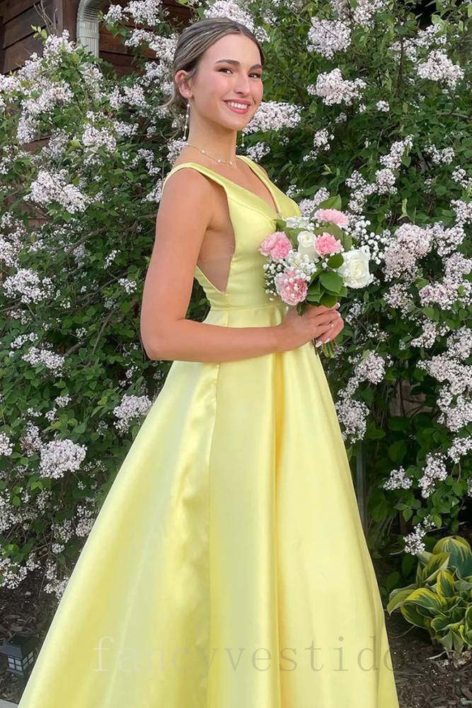 Elegant Yellow V-Neck Satin A-Line Prom Dress with Open Back FancyVestido Elegant Yellow V-Neck Satin A-Line Prom Dress with Open Back FancyVestido
