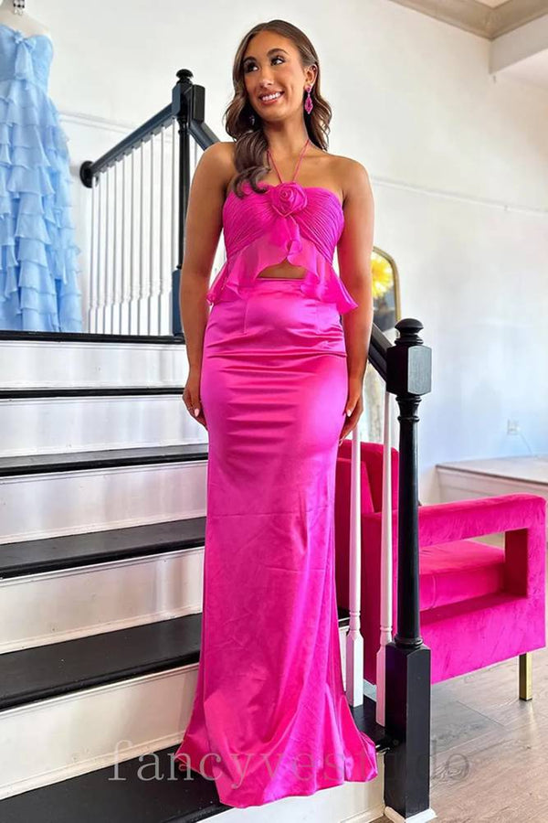 Halter Pleated Cutout Mermaid Prom Dress with Open Back