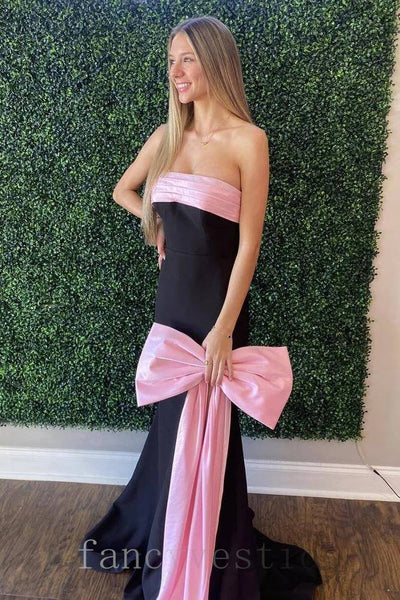 Strapless Black and Pink Mermaid Prom Dress with Bow